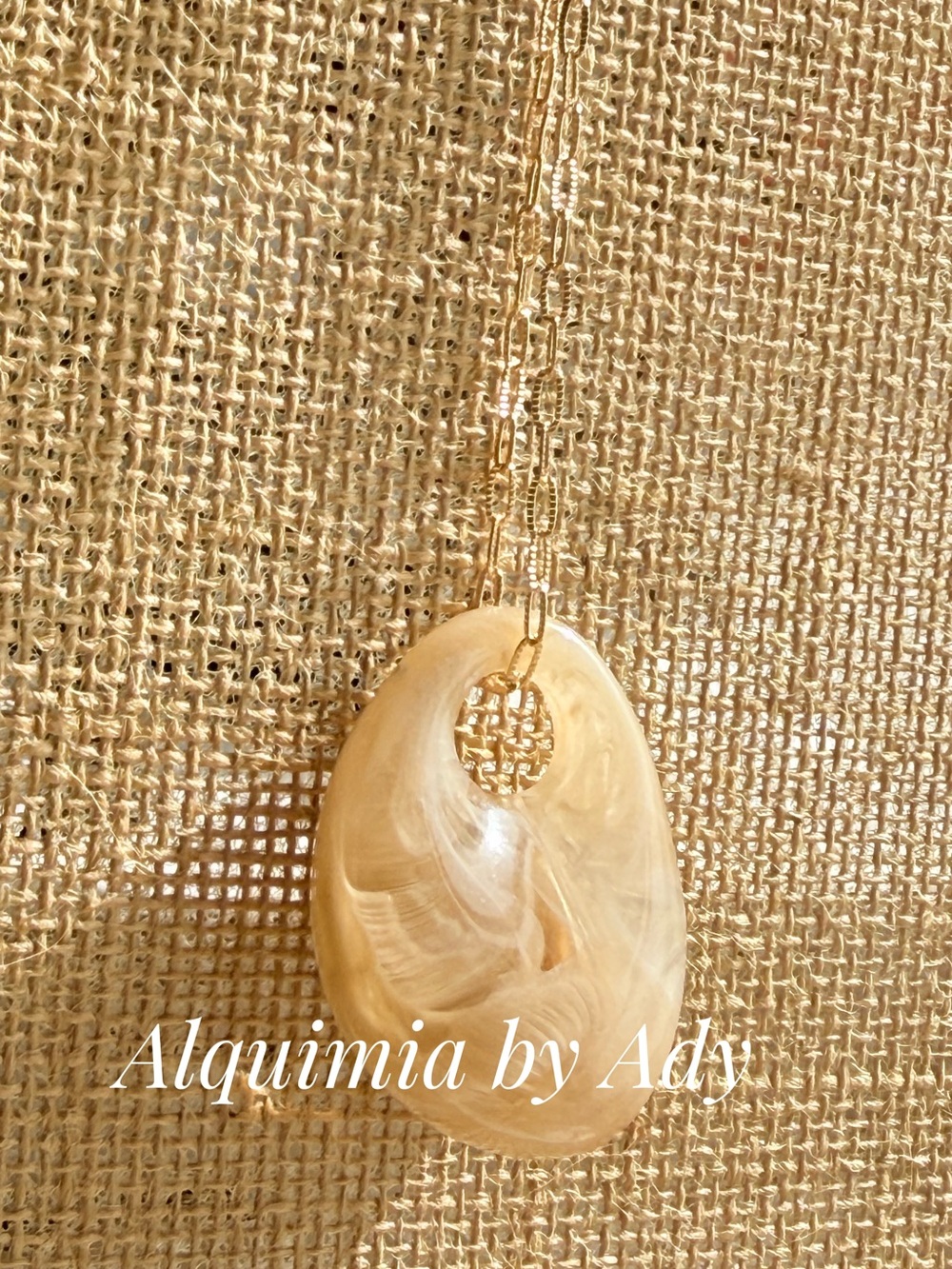 Swirled Cream Teardrop Pendant Necklace with extra long Gold Chain